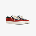 ALD / Last Resort AB VM001-LO Suede sneakers in red/navy with white soles and cream laces on a white background.