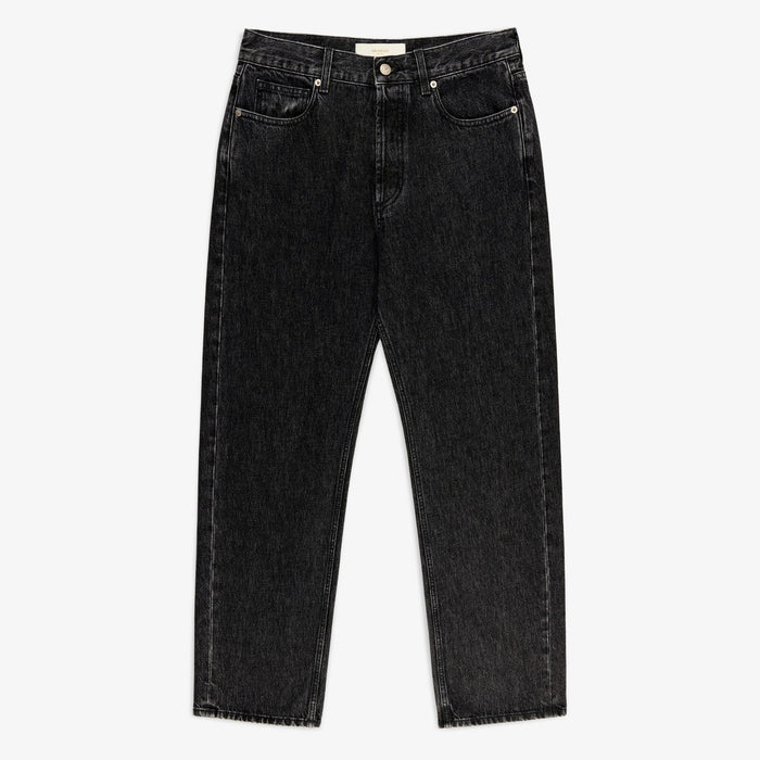 A pair of Relaxed Fit 5-Pocket Denim Pants in black laid flat on a white background.
