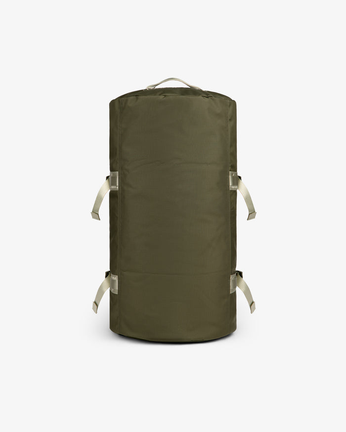 ALD / The North Face Base Camp Duffel in olive green with beige straps, displayed upright on a white background.