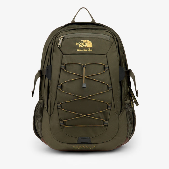 Olive green ALD/The North Face Borealis Backpack with yellow logo, bungee cords, mesh pockets, and brown base on white.