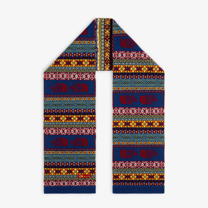 ALD / The North Face Fair Isle Scarf with red, blue, yellow, and white geometric and snowflake knit patterns.