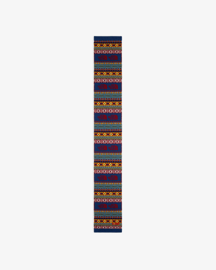 ALD / The North Face Fair Isle Scarf: Long, narrow scarf with colorful geometric and floral patterns on dark fabric.