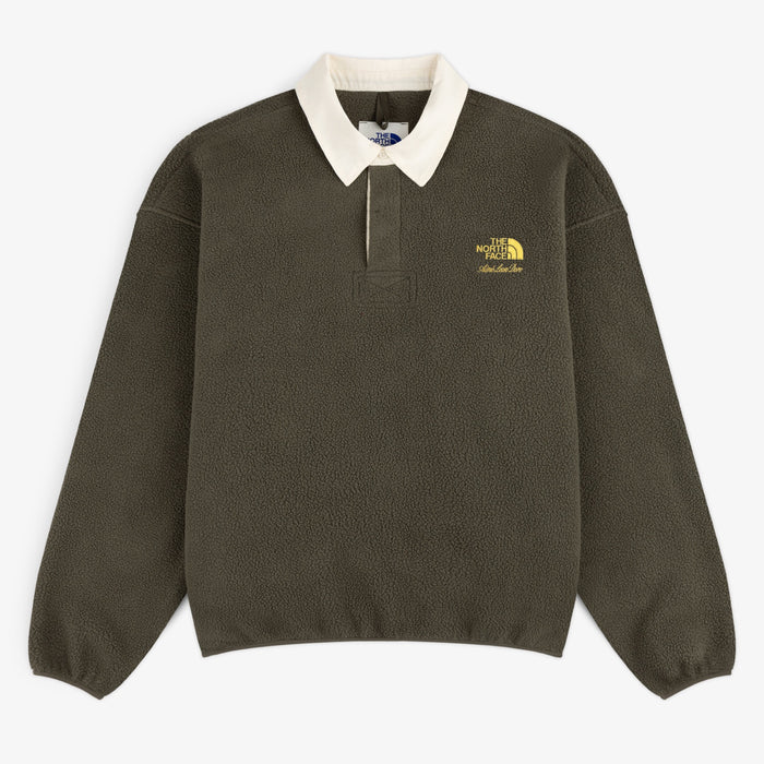 ALD / The North Face Fleece Rugby: Dark green, white collar, yellow logo left chest, long sleeves, buttoned neck.