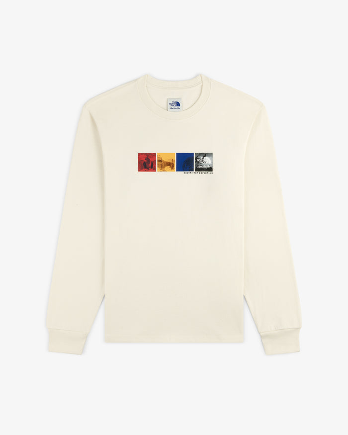 ALD / The North Face Long-Sleeve Explorer Tee in off-white with three colorful squares and front-center text.