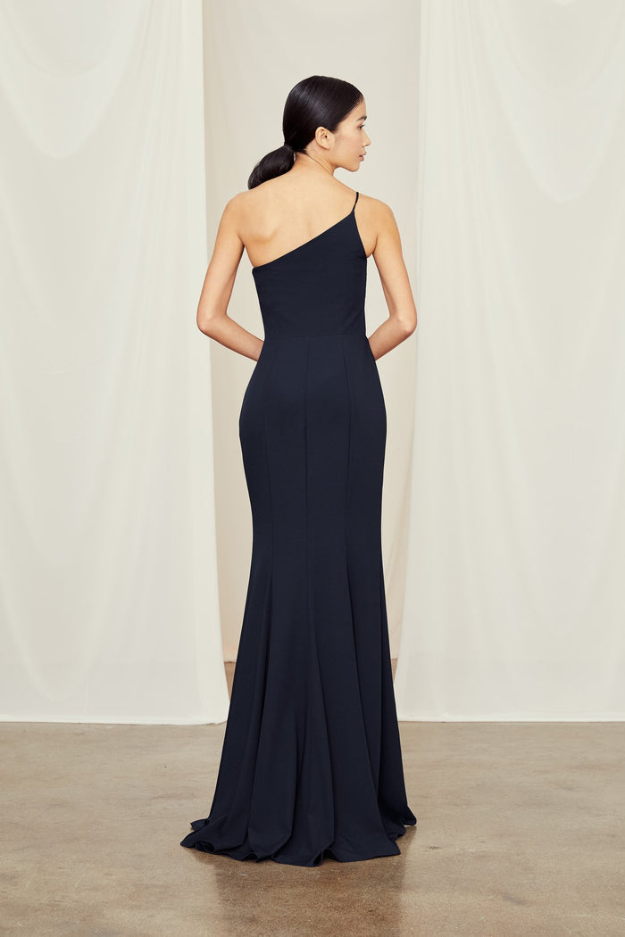 One-shoulder spaghetti strap dress with slit in crepe