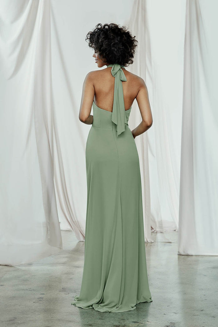 High collar halter neck dress with a long back tie in flat chiffon