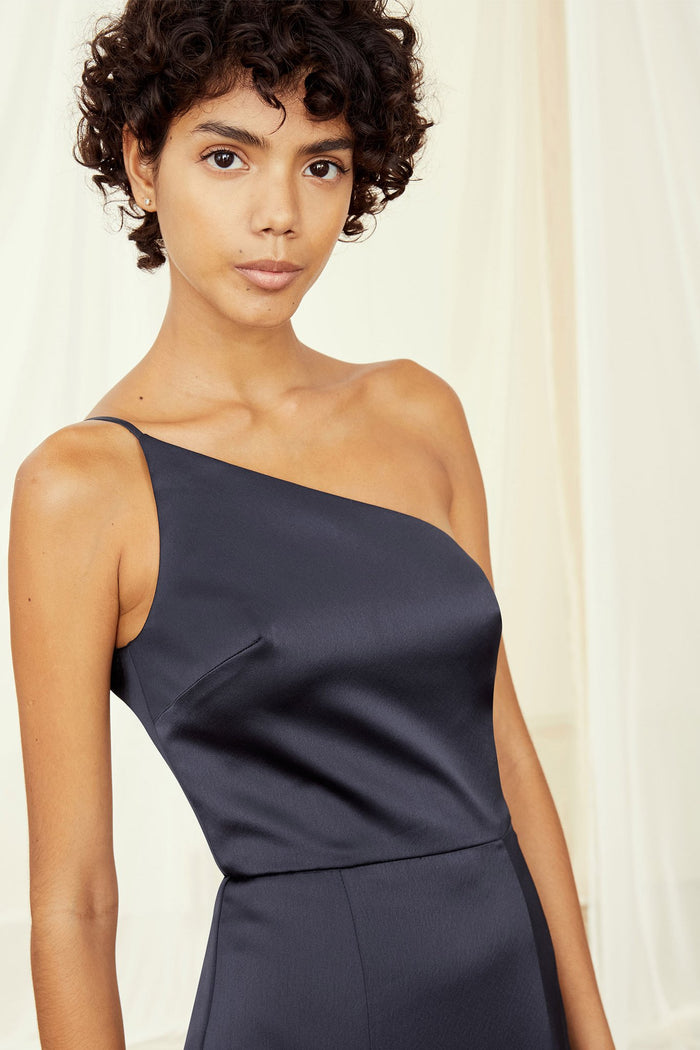 One-shoulder spaghetti strap dress with slit Liquid Satin