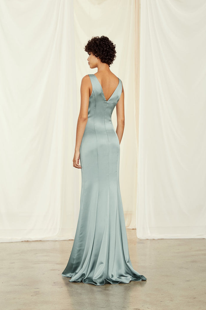 Fluid Satin Sleeveless V-neckline Deep v-back Empire waist Fit and flare
