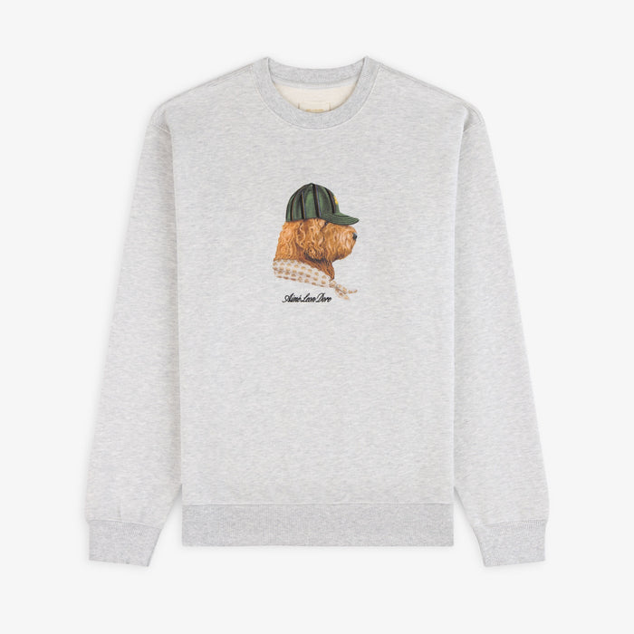 Buddy Crewneck Sweatshirt in light gray featuring a front-center dog illustration with a green cap.
