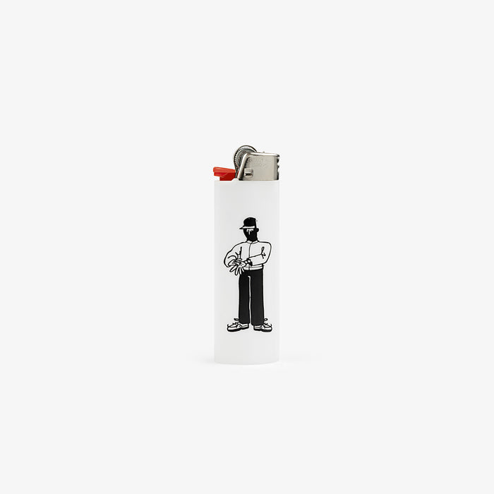 Caricature Lighter: White, features person with hat, sunglasses, gloves, and crossed arms illustration.
