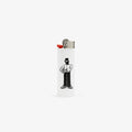 Caricature Lighter: White, features person with hat, sunglasses, gloves, and crossed arms illustration.