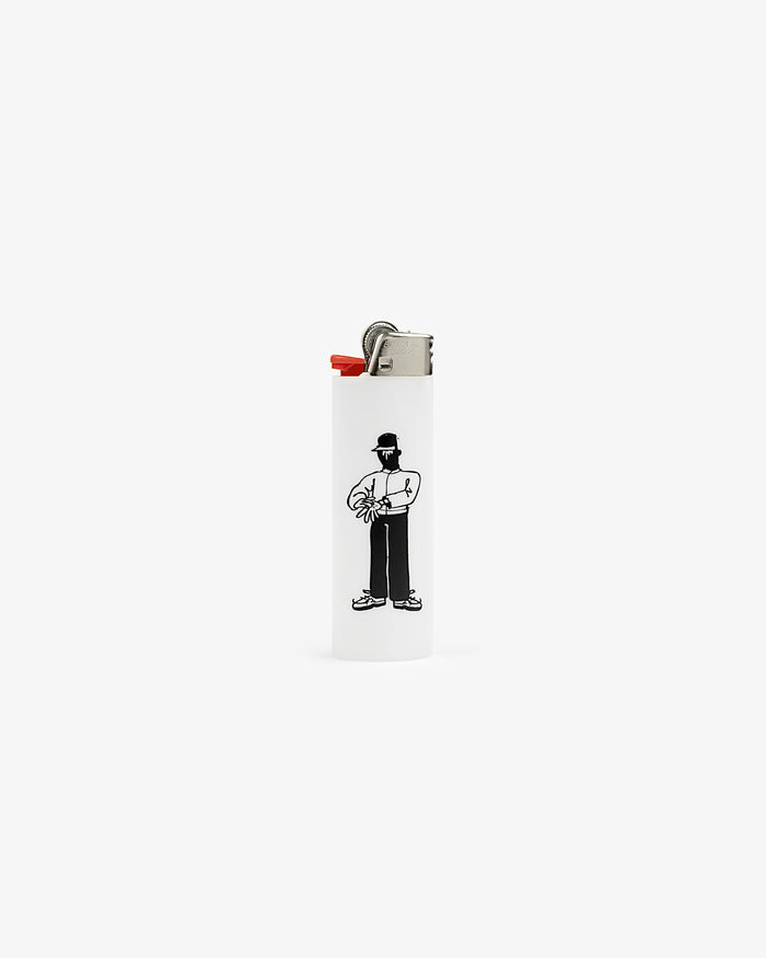 Caricature Lighter: white, features a person in a hat holding an object illustrated on the front.