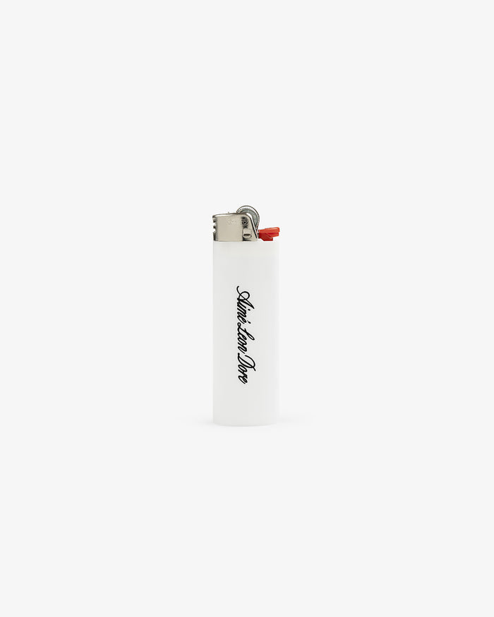 Caricature Lighter: white body, silver top, black cursive text, shown on plain white background.
