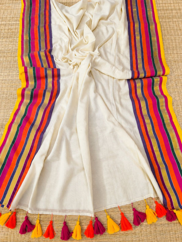 Indiehaat | White Mul Cotton Handloom Saree