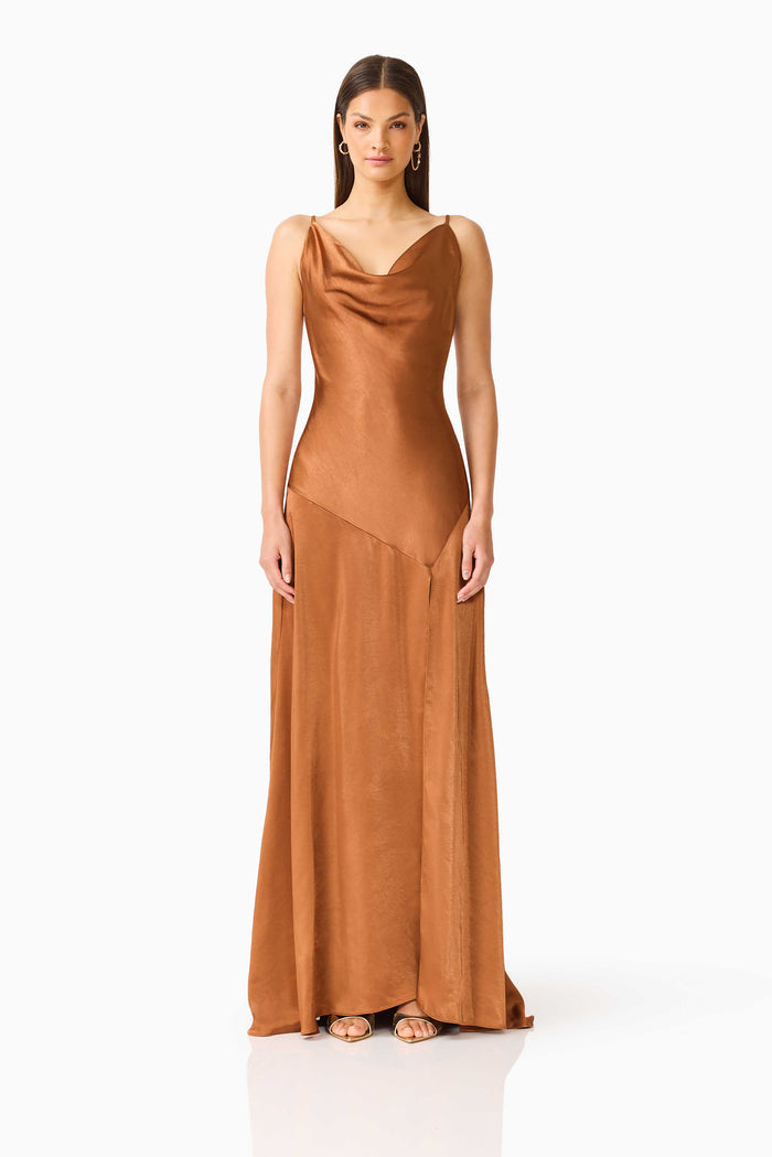 Clementine Cowl Neck Maxi Dress in Brown