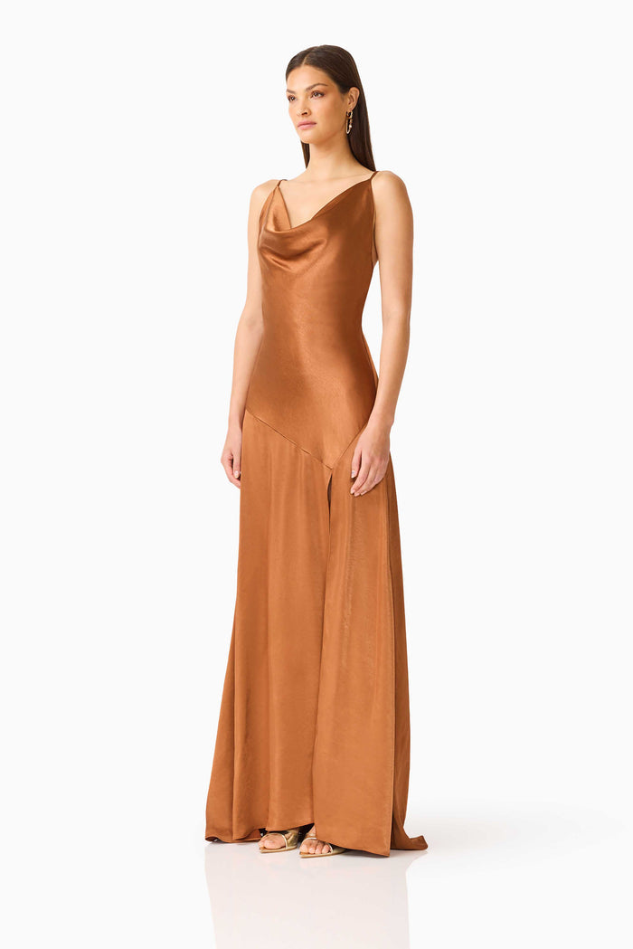 Clementine Cowl Neck Maxi Dress in Brown