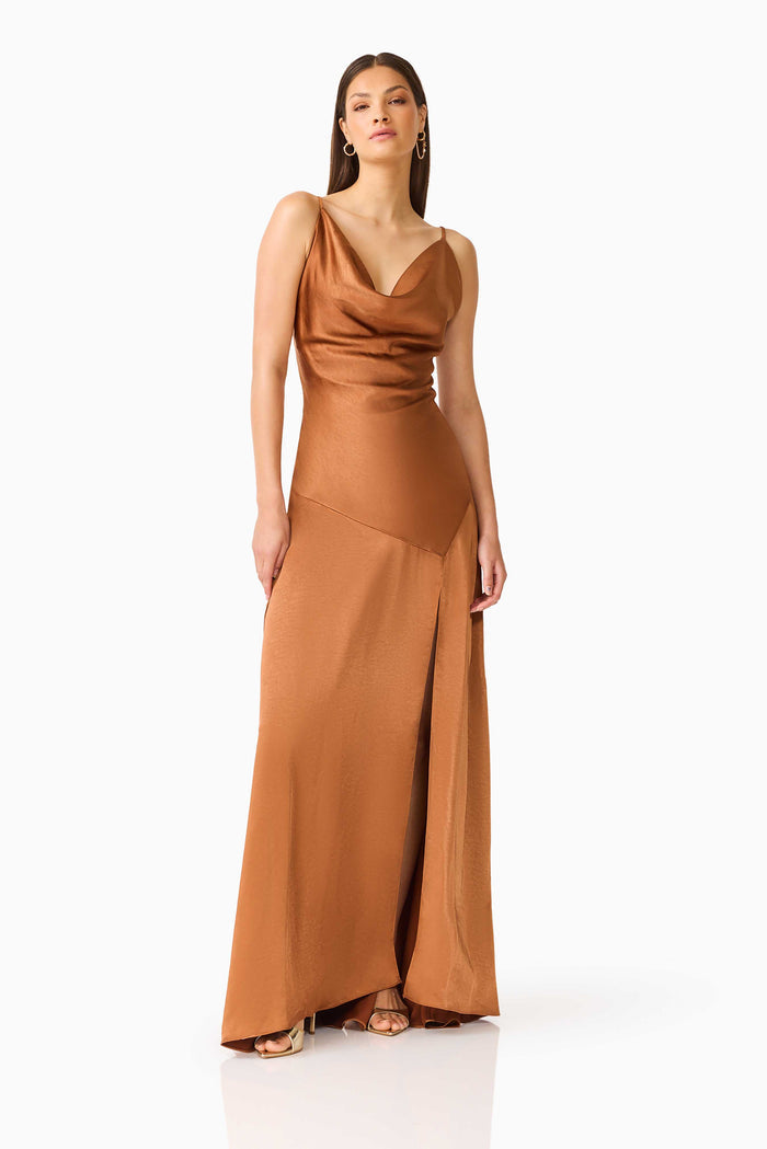 Clementine Cowl Neck Maxi Dress in Brown
