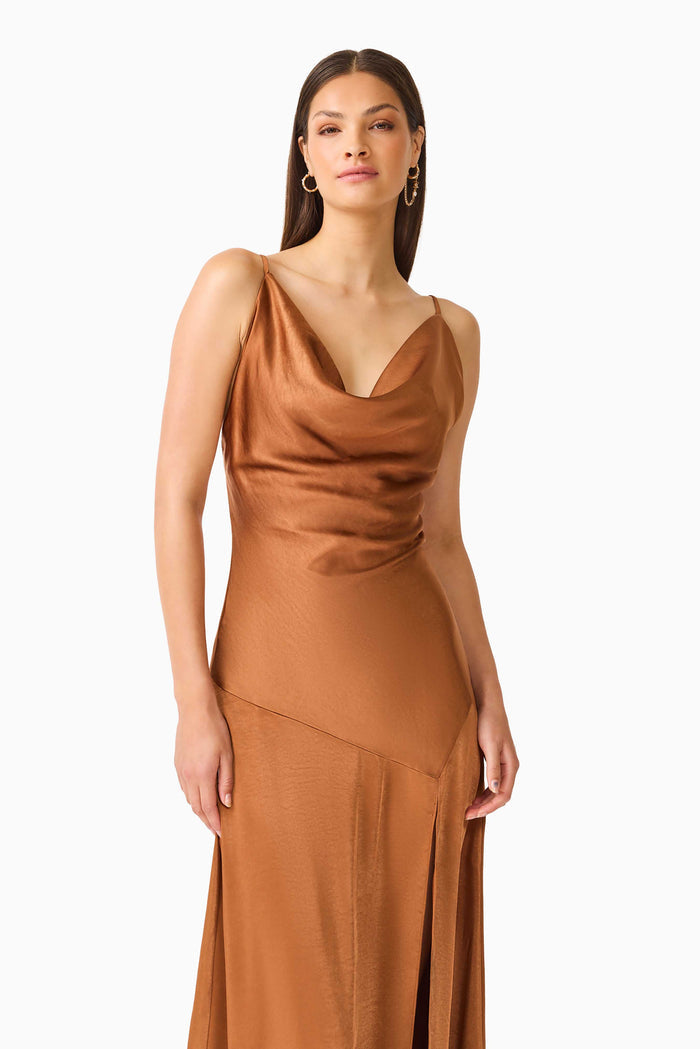 Clementine Cowl Neck Maxi Dress in Brown