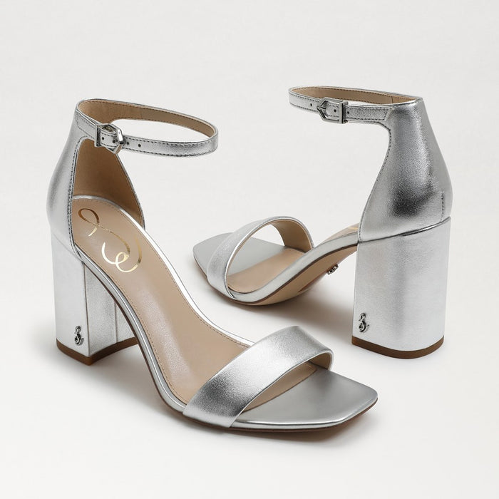 Daniella Block Heel Sandal in Silver Metallic Leather