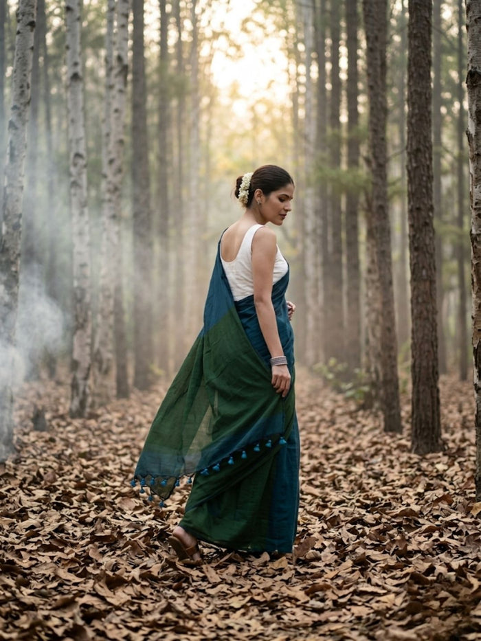 Indiehaat | Hand Dyed Khadi Cotton Saree Green