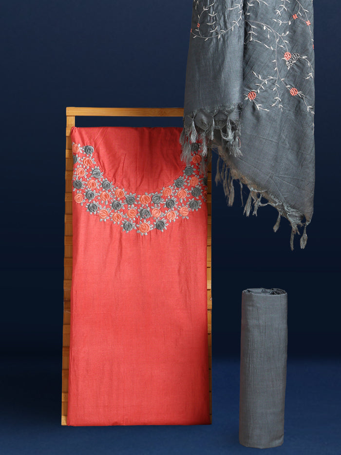 Embroidered Katan Silk Red & Blue Suit