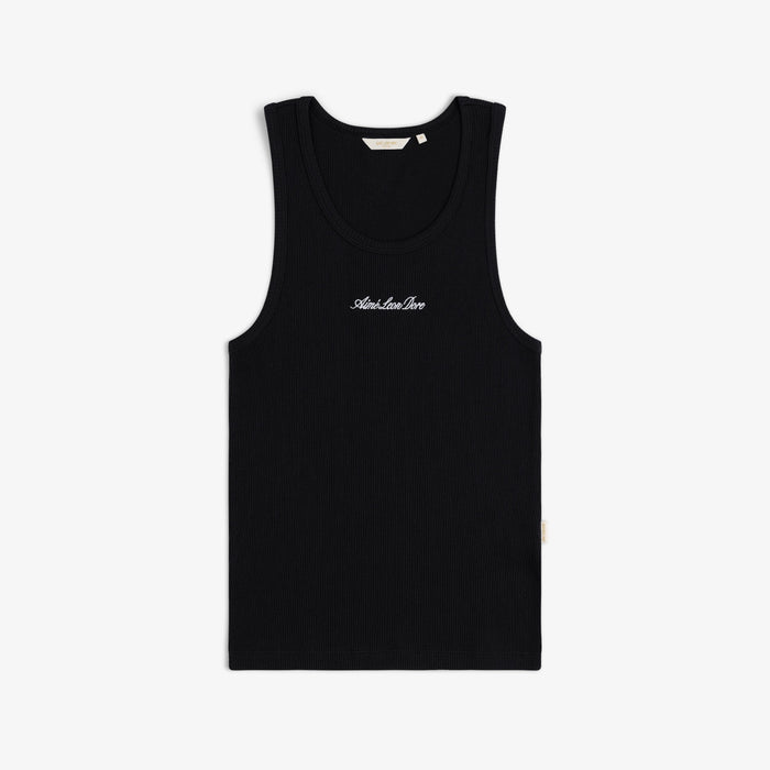 Embroidered Logo Tank Top in black with white chest text, shown on a plain white background.