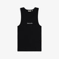 Embroidered Logo Tank Top in black with white chest text, shown on a plain white background.