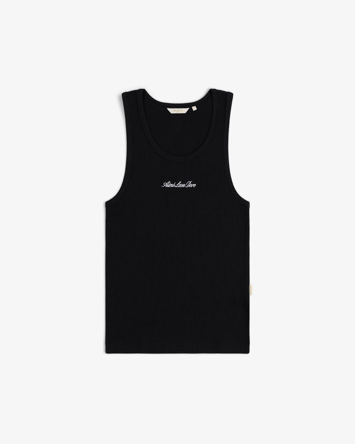 Embroidered Logo Tank Top in black with white Sunshine Trip text on chest, shown on a plain background.