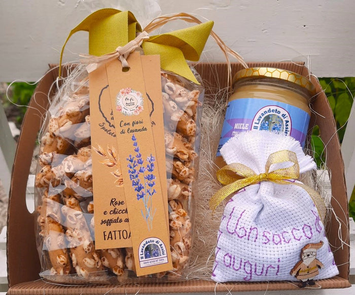 Confezione regalo di Natale con miele , biscotti e sacchetto con lavanda e scritta auguri, confezione regalo natale da mangiare, scatola regalo biscotti, regalare biscotti per Natale