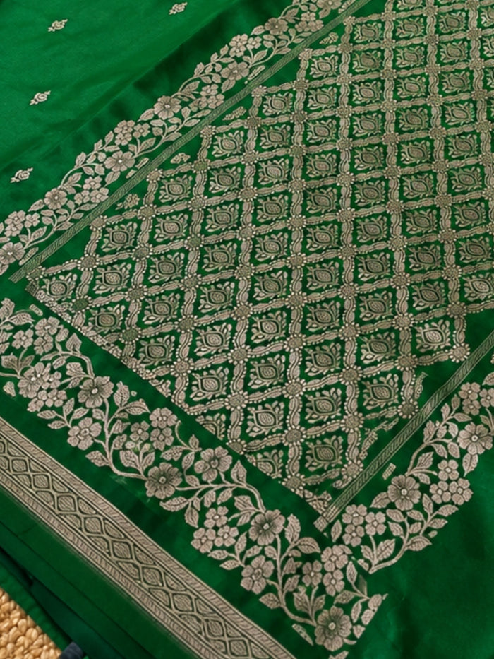 Indiehaat | Green Forest Weave Mashru Silk Saree