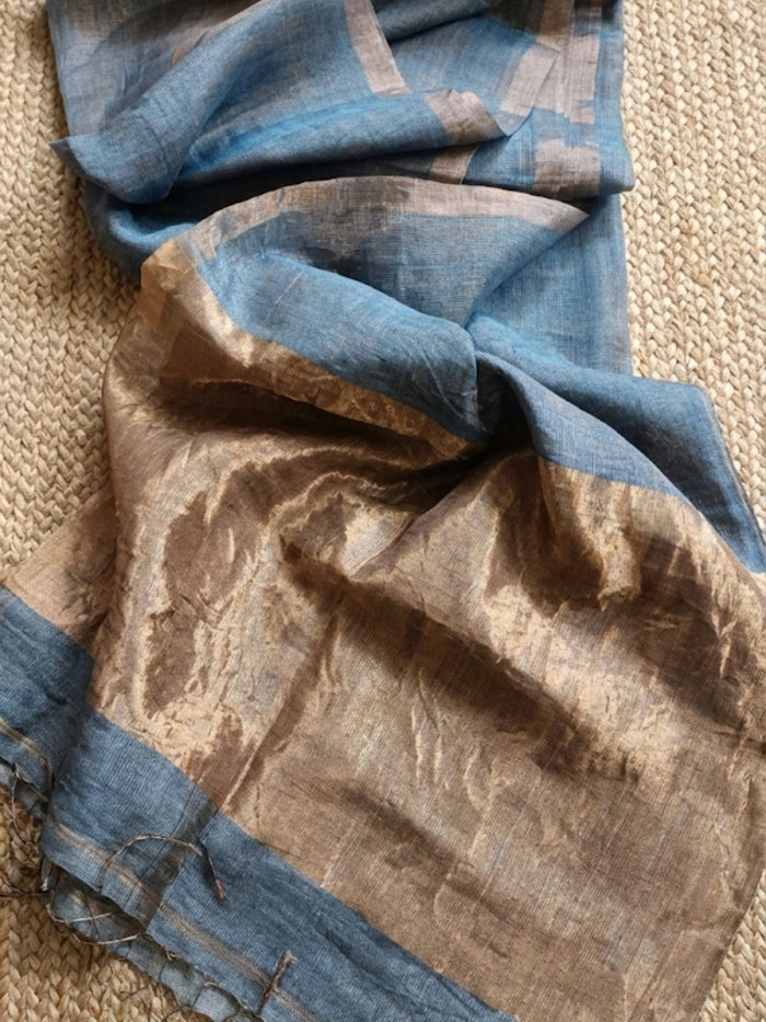 Indiehaat | Pure Handloom Silk Linen Saree Blue