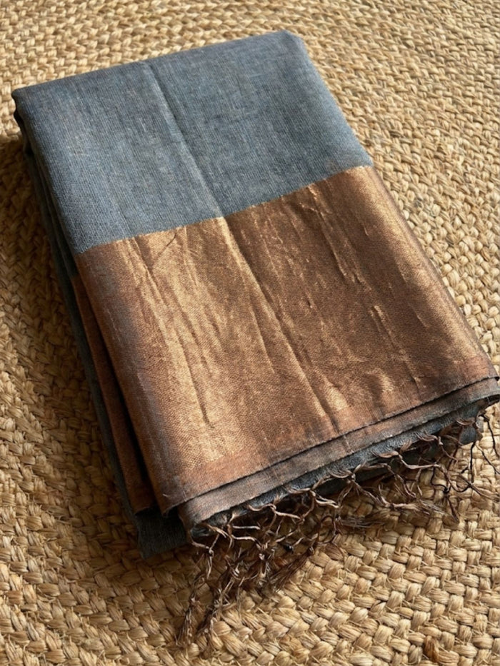 Indiehaat | Pure Handloom Silk Linen Saree Blue