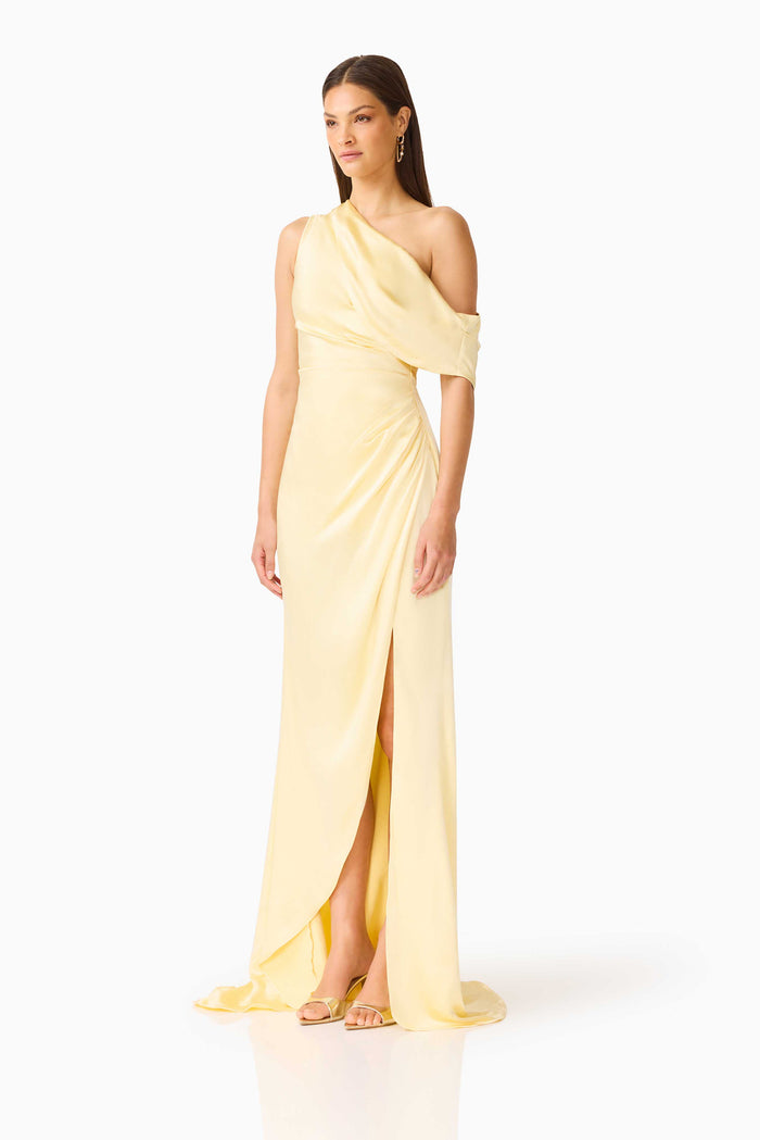 Isadora One Shoulder Gown in Butter Yellow