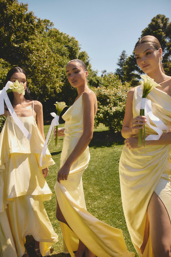 Isadora One Shoulder Gown in Butter Yellow