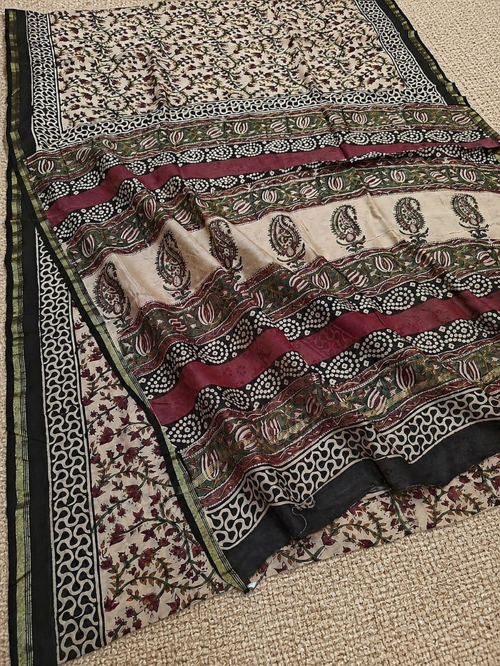 Indiehaat | Beige Chanderi Silk Kalamkari Saree