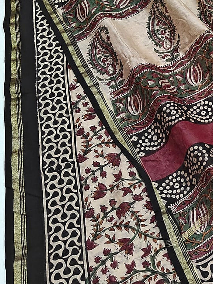 Indiehaat | Beige Chanderi Silk Kalamkari Saree