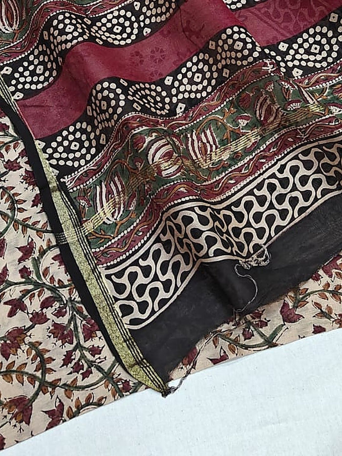 Indiehaat | Beige Chanderi Silk Kalamkari Saree