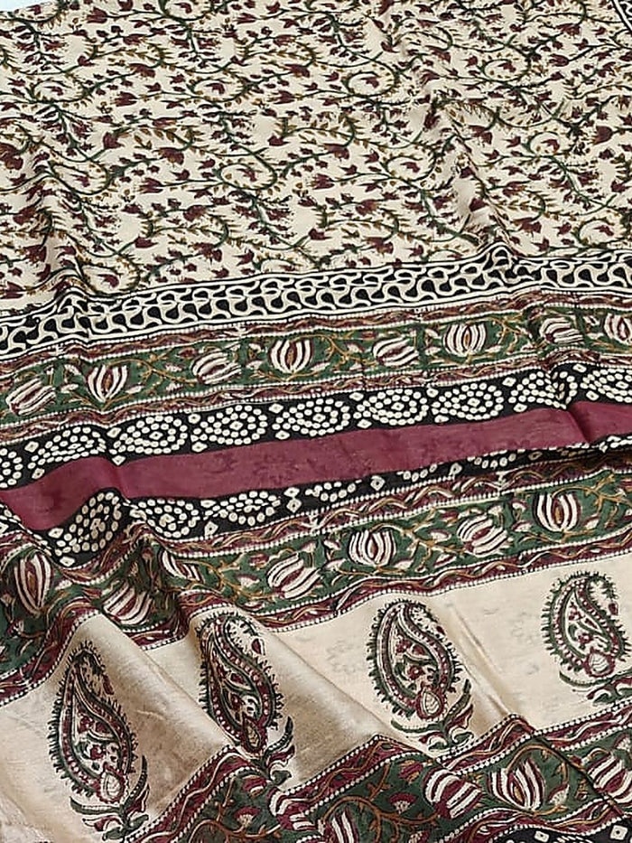 Indiehaat | Beige Chanderi Silk Kalamkari Saree