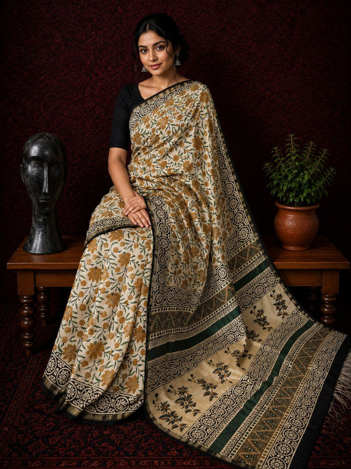 Indiehaat | Beige Chanderi Silk Kalamkari Saree