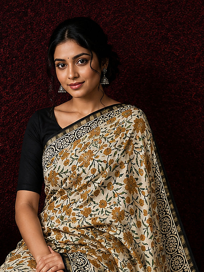 Indiehaat | Beige Chanderi Silk Kalamkari Saree