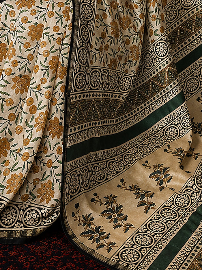 Indiehaat | Beige Chanderi Silk Kalamkari Saree