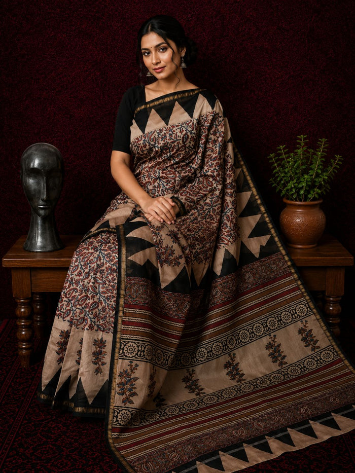 Indiehaat | Beige Chanderi Silk Kalamkari Saree