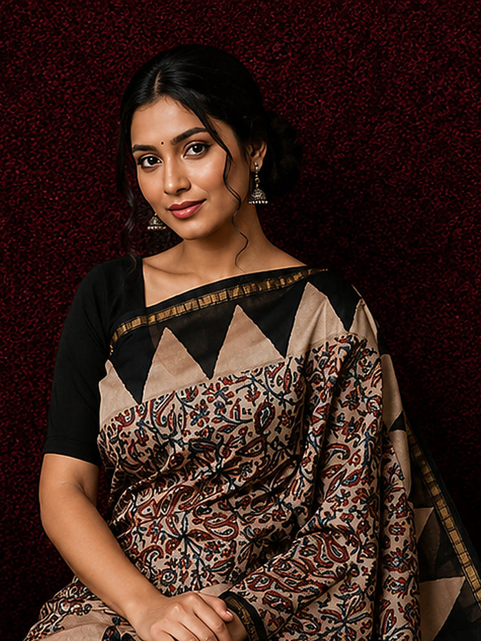 Indiehaat | Beige Chanderi Silk Kalamkari Saree