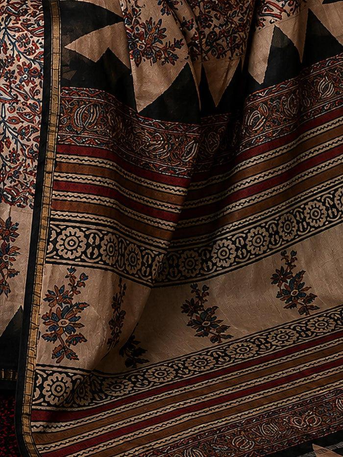 Indiehaat | Beige Chanderi Silk Kalamkari Saree