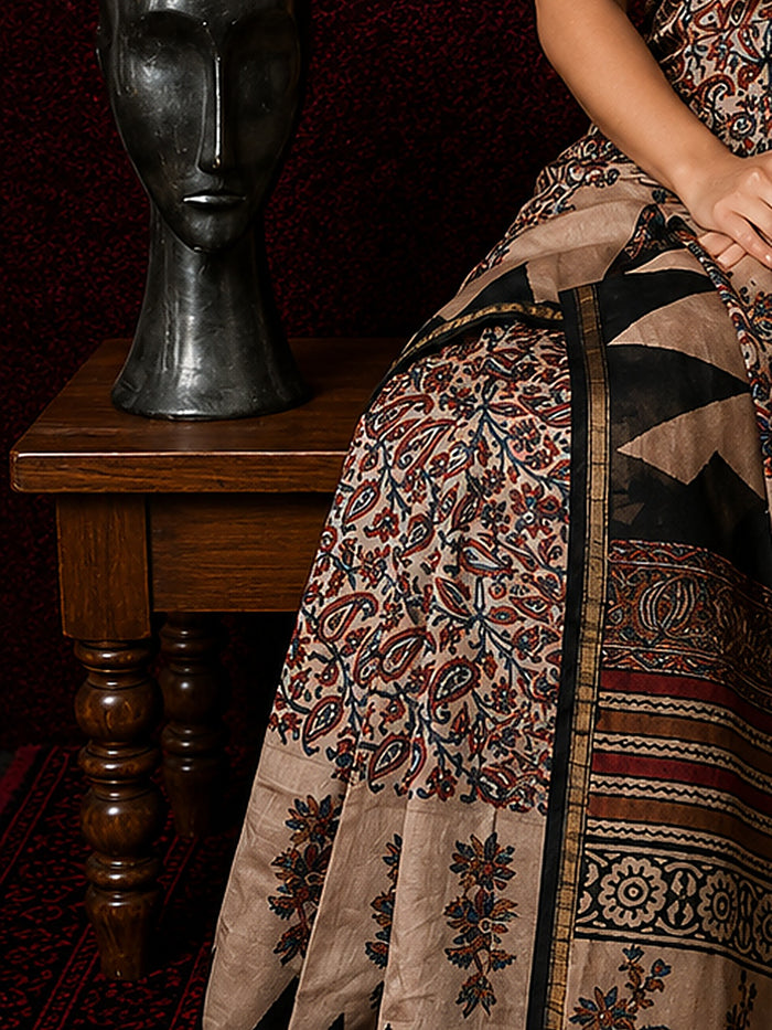 Indiehaat | Beige Chanderi Silk Kalamkari Saree