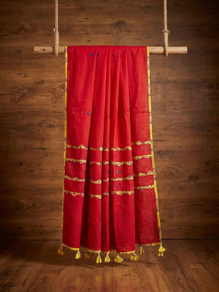 Indiehaat | Applique Kantha Pure Mul Cotton Dupatta Red