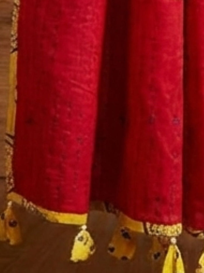 Indiehaat | Applique Kantha Pure Mul Cotton Dupatta Red