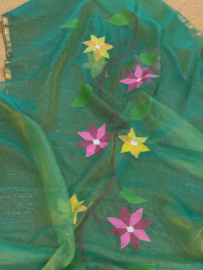 Indiehaat | Green Muslin Silk Jamdani Saree