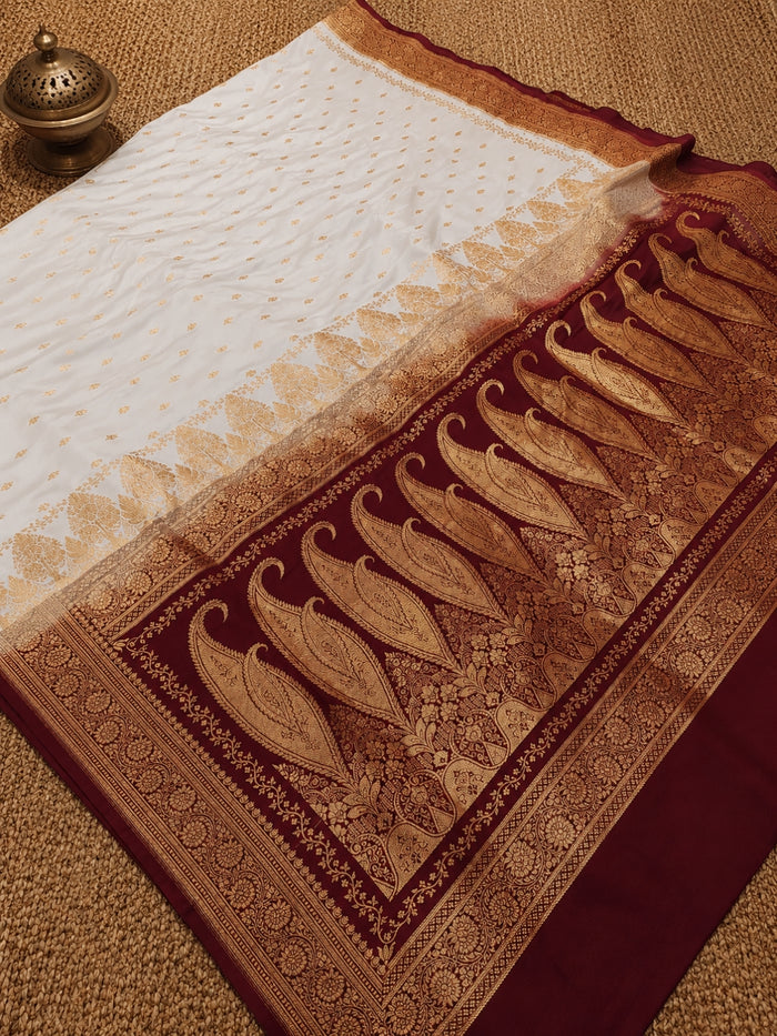 Indiehaat | Ivory White Mashru Silk Brocade Saree