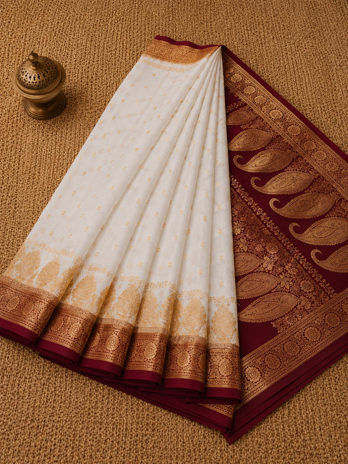 Indiehaat | Ivory White Mashru Silk Brocade Saree